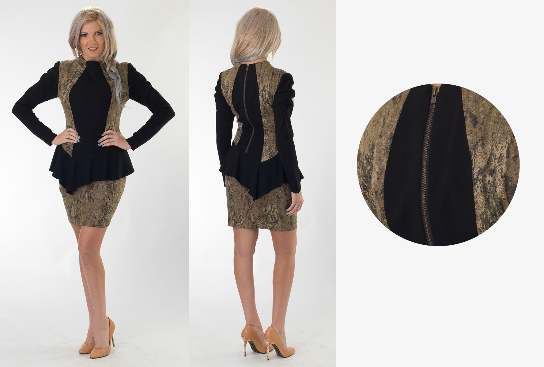 Snake Twill/Black Peplum Dress