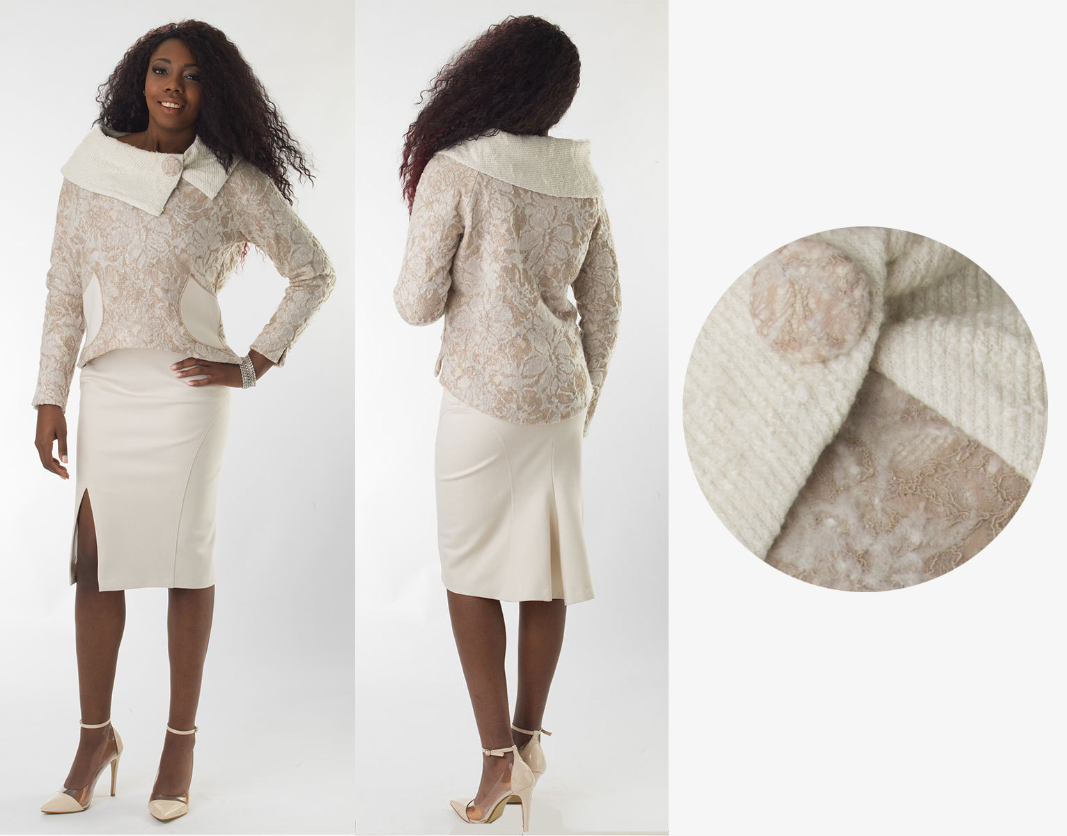 White/Taupe Lace Sweater & Skirt