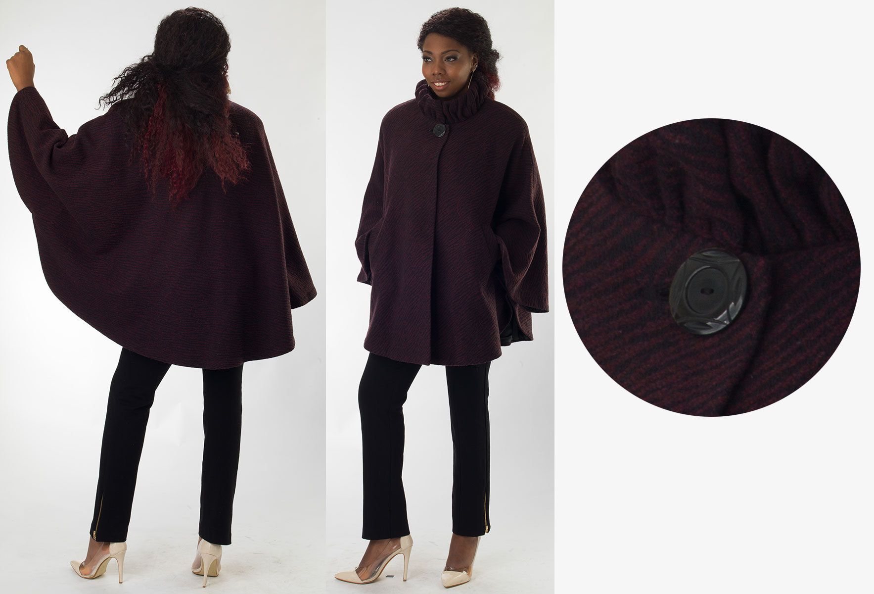 Black/Merlot-Purple Wook Swing Coat with Pleated Collar