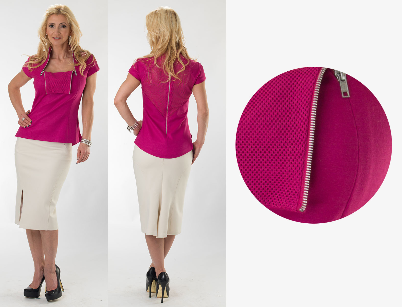 Hot Pink Blouse with Flip Collar & Skirt