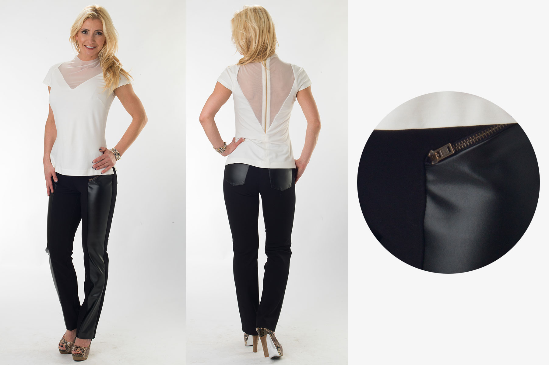 White Blouse with Mesh Inserts & Black Straight Pants