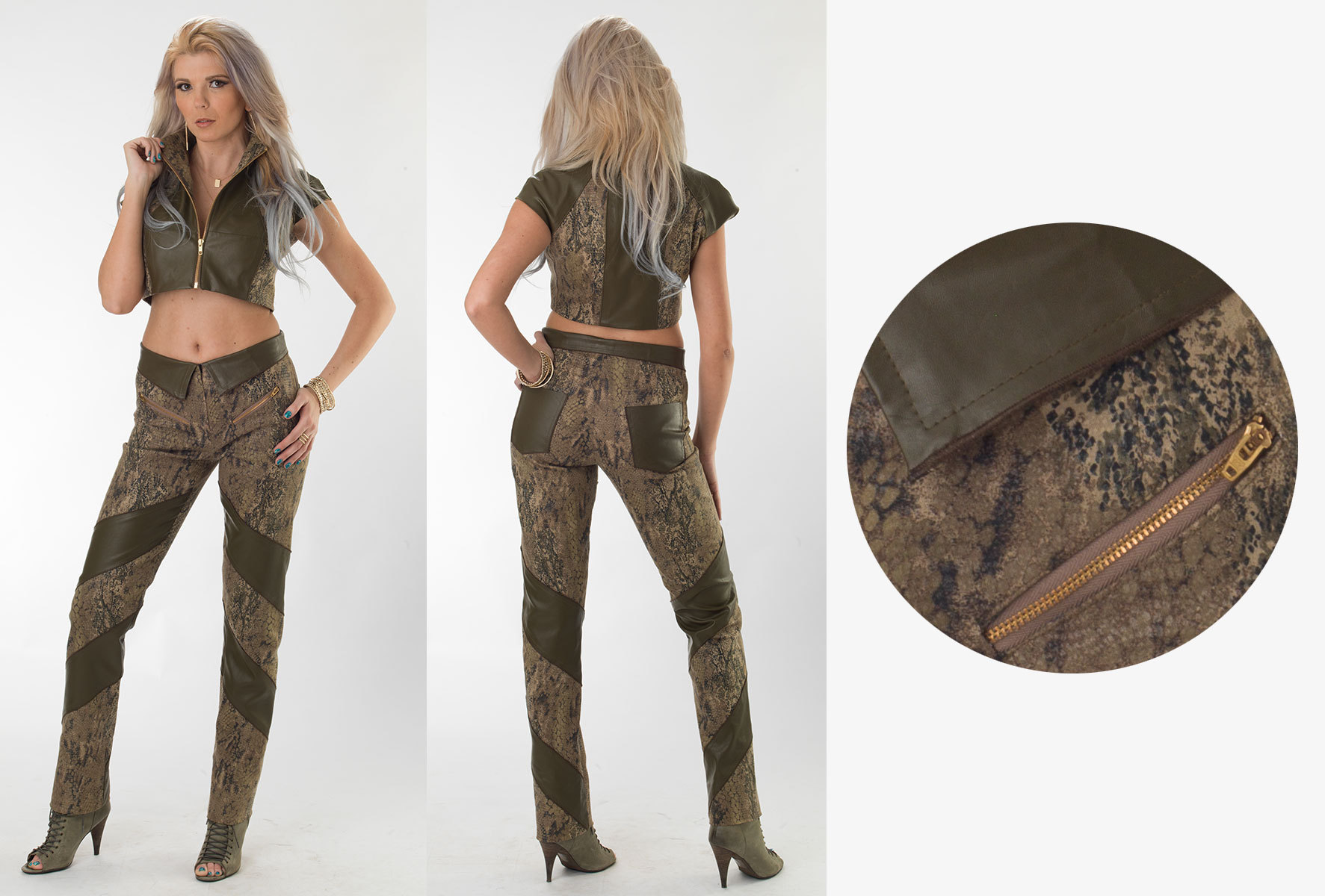 Snake Twill Faux Leather Crop Top & Snake Twill Full-Length Swirl Pants