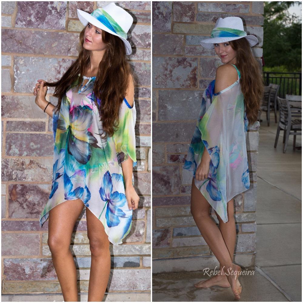 508-(Style #3) short hand-painted flower chiffon beach cover up