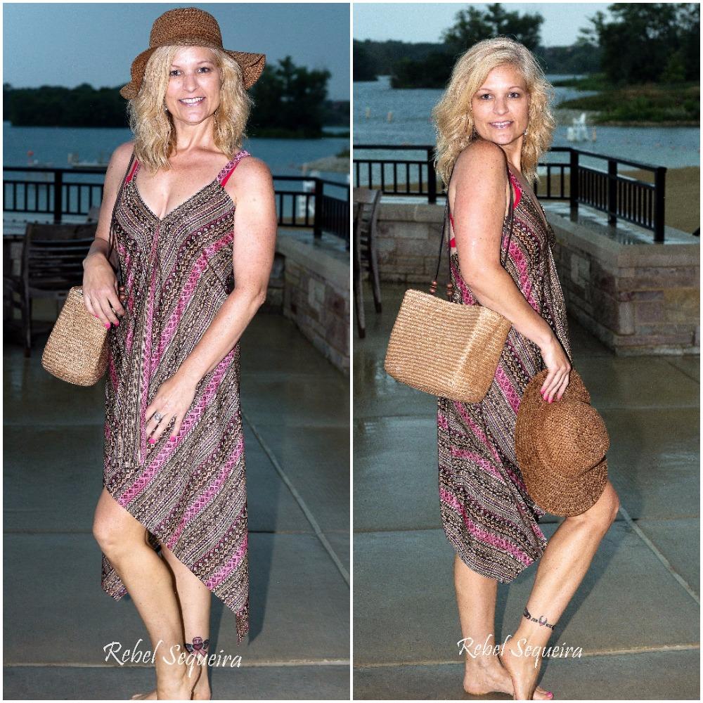 608-(Style #4) -Brown-pink striped long open back cover up-dress, not sheer.