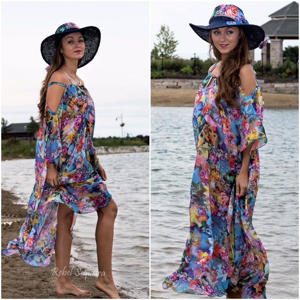 601-(Style #1) - Long colorful garden flower chiffon beach cover up