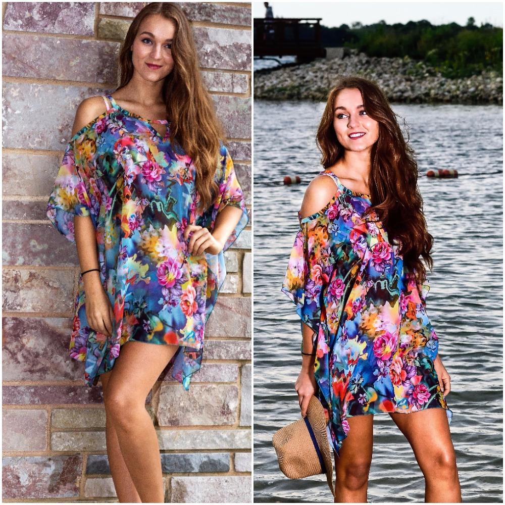 605-(Style #3) - Short colorful garden flower chiffon beach cover up