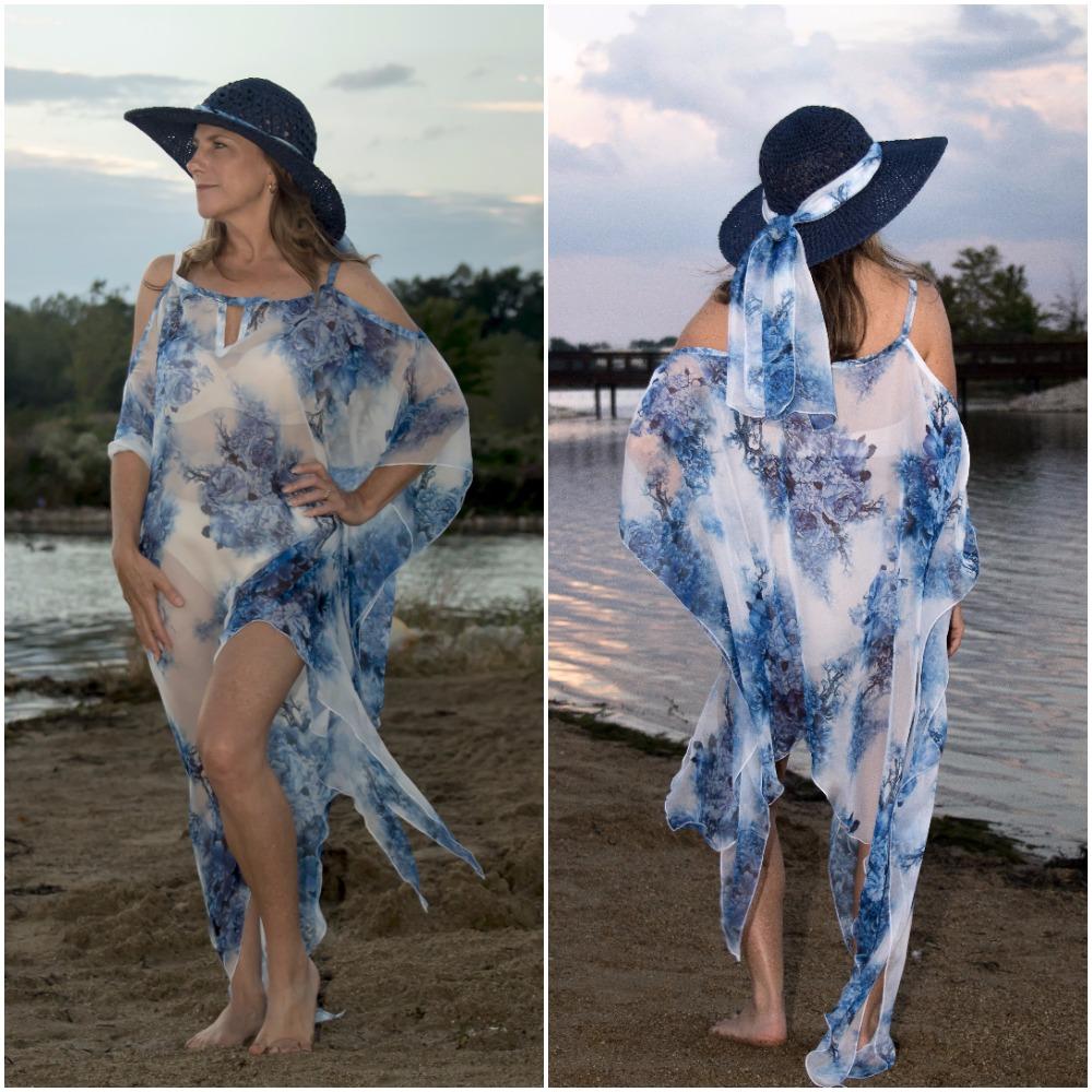 801-(Style #2)-Flower print long asymmetrical bottom chiffon cover up