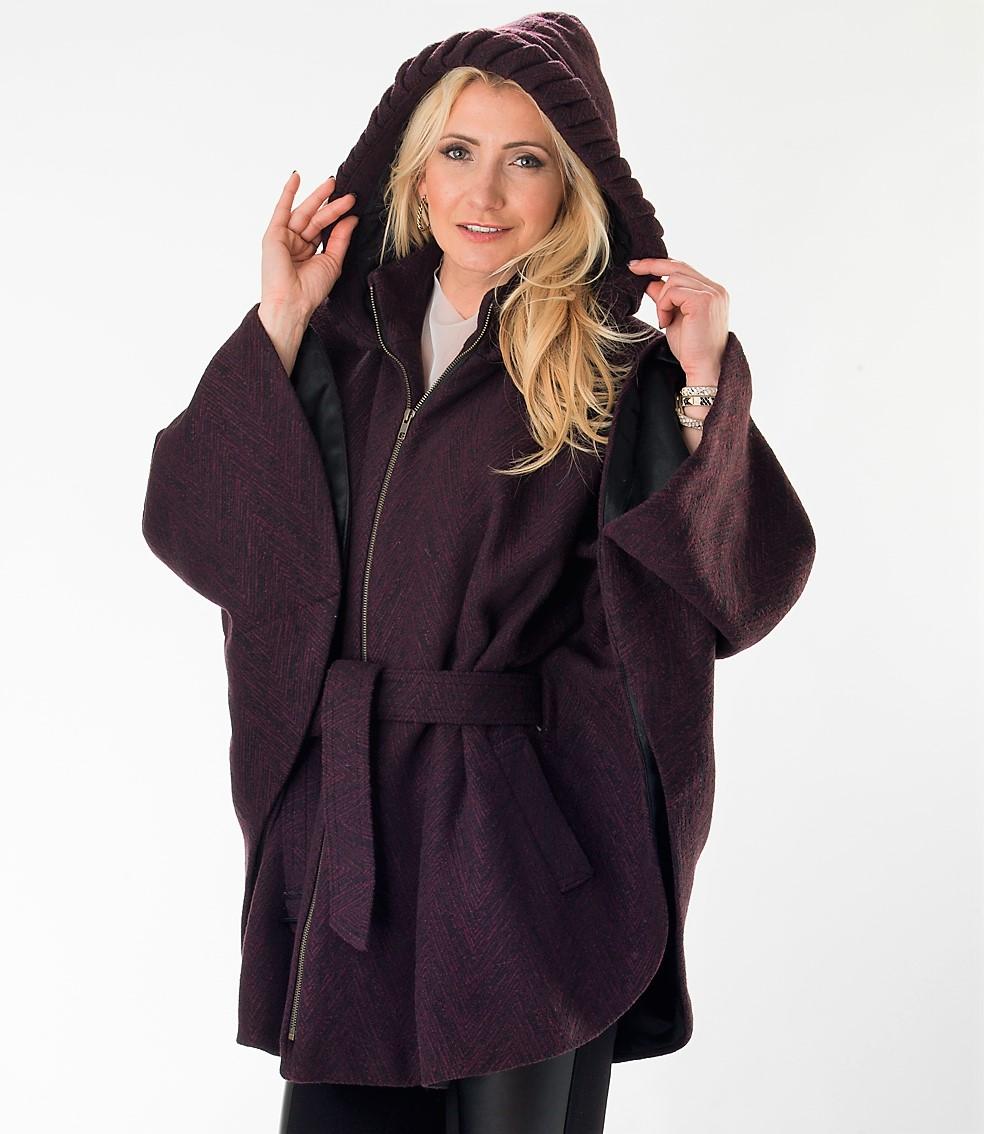 Black/Merlot-Purple Wool Coat with Decorative Hood