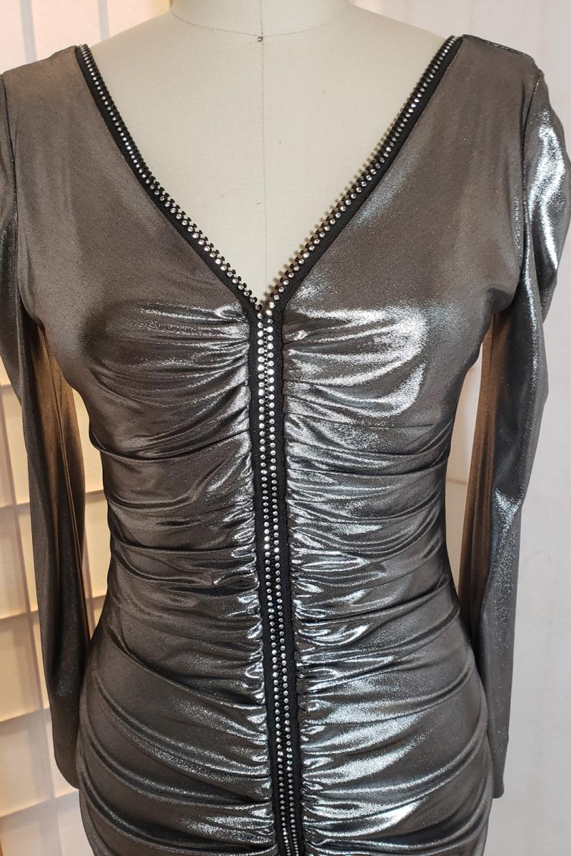 Rushed rhinestone zipper silver dress