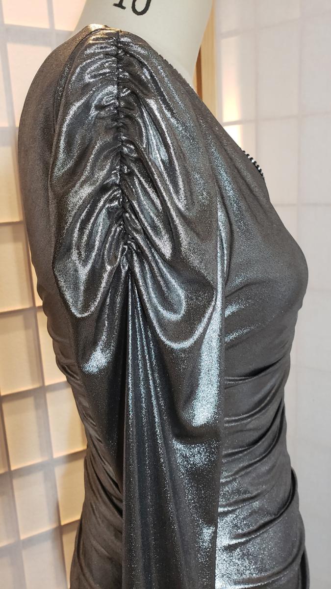 Rouched rhinestone zipper silver dress, sleeve detail.