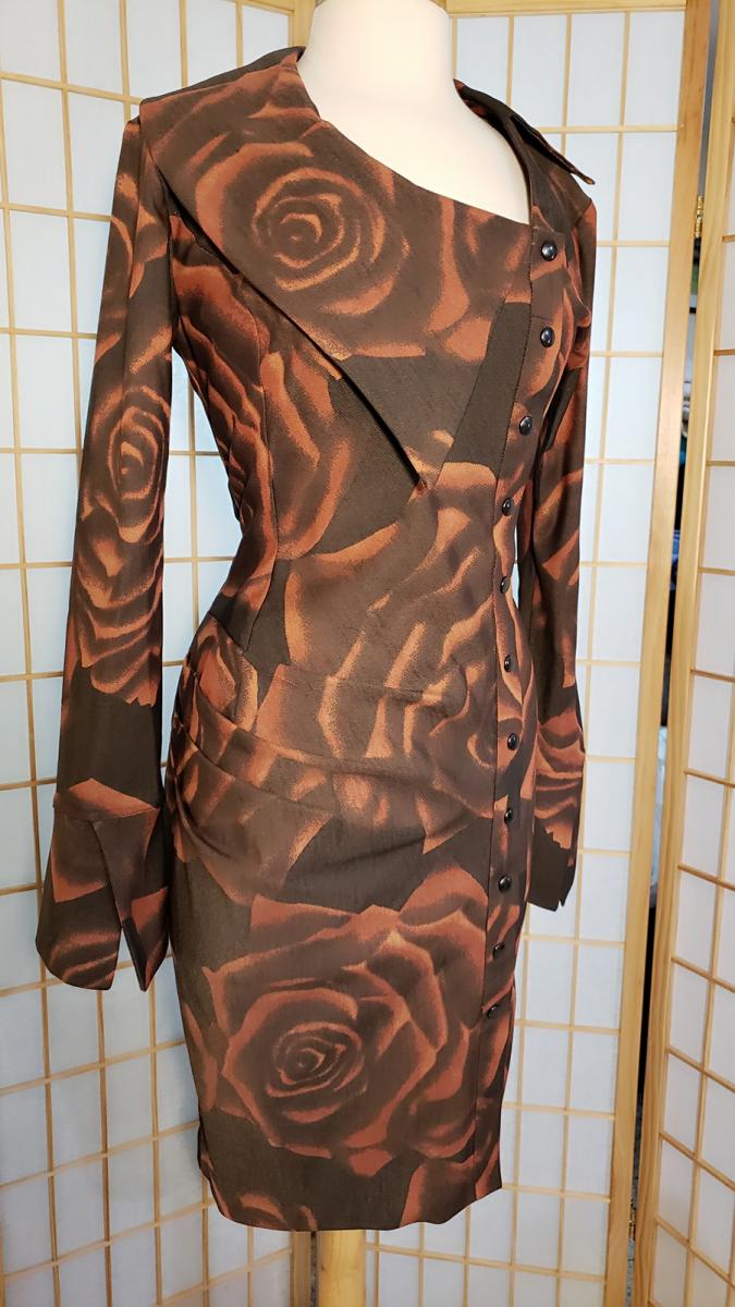 Asymmetrical stretch cotton twill fabric ,front pleat dress -rose print
