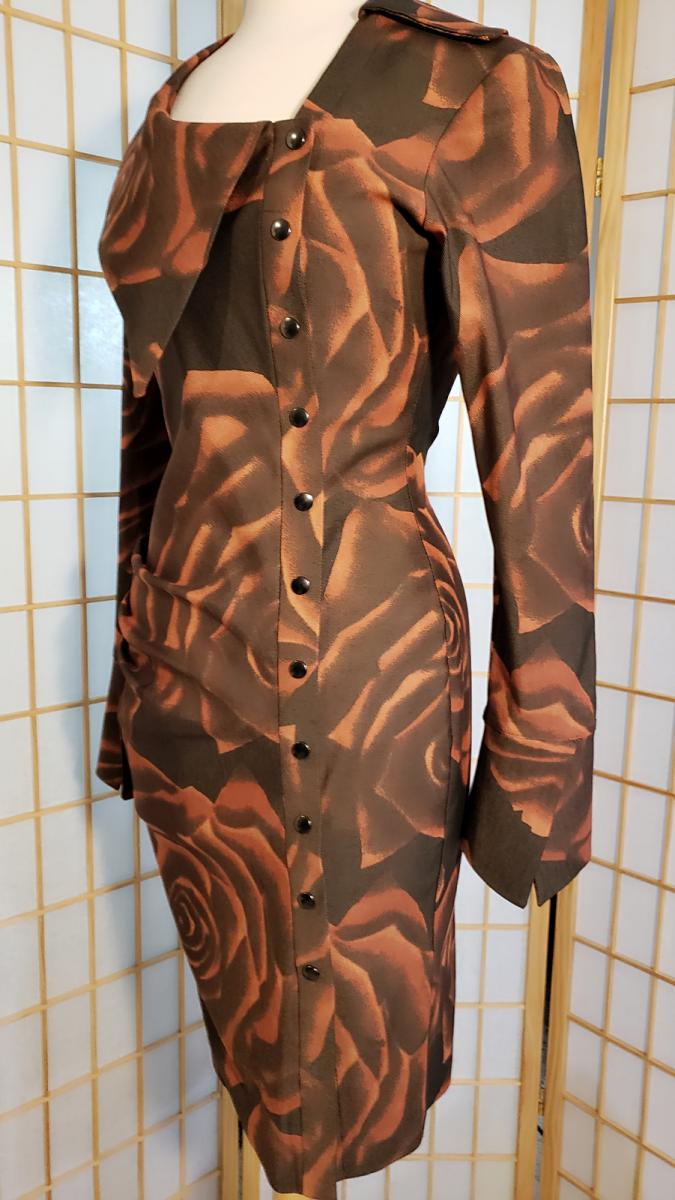 Asymmetrical stretch cotton twill fabric ,front pleat dress -rose print