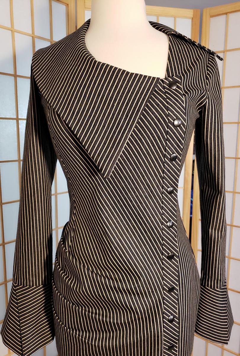 Asymmetrical stretch cotton twill fabric front pleat dress -striped